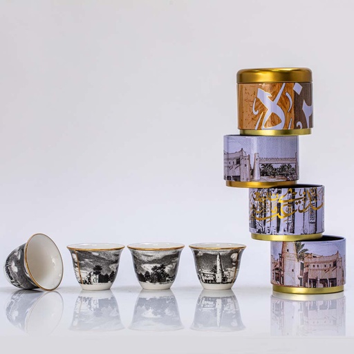 Set of 4 Small Coffee Cups in Tin Box with Unayzah Image (BW)